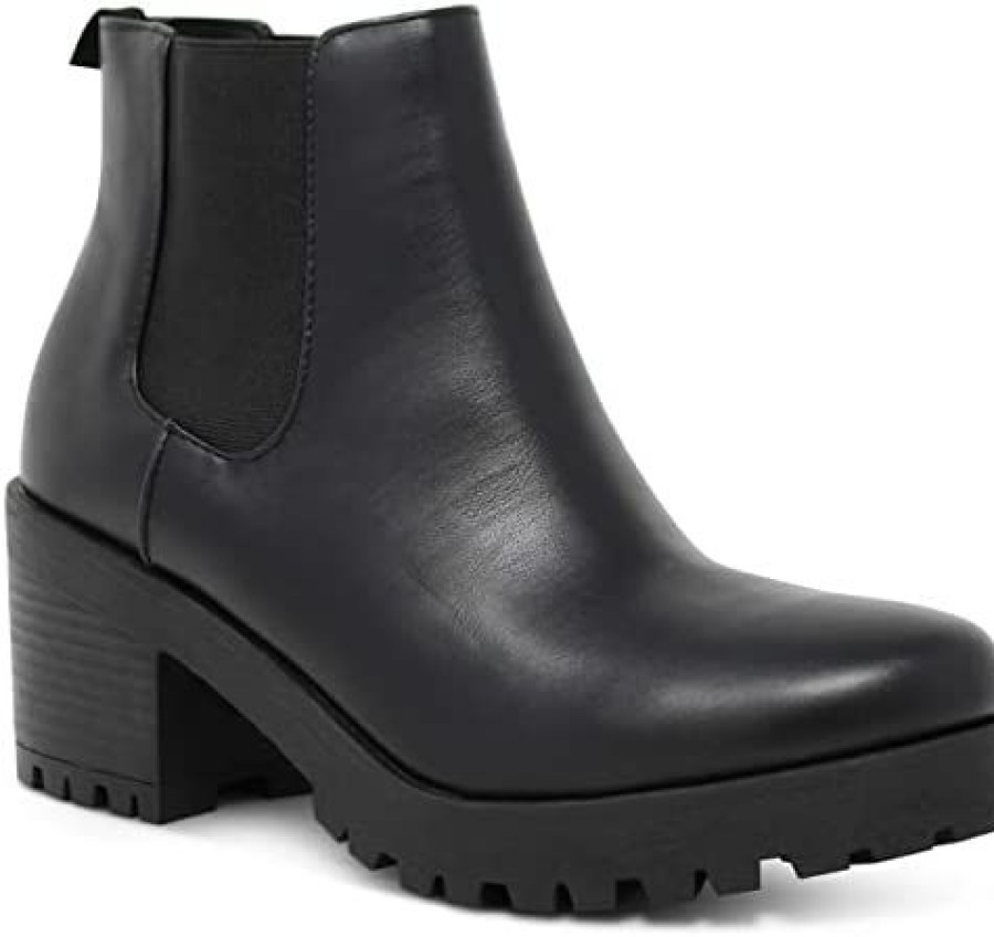 Women * | Marcorepublic Jacksonville Women'S Round Toe Chunky Block Stacked Heels Chelsea Boots Ankle Booties Black Faux Leather