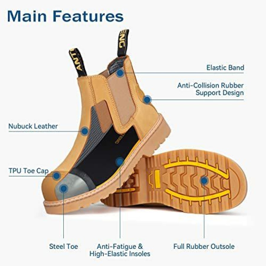 Men * | Anteng Men Work Boots, Steel Toe Nubuck Leather Footwear, Non-Slip Rubber Outsole Boot, Safety Construction Shoes, Breathable, Water-Repellent, Quick Dry (At601,Wheat)