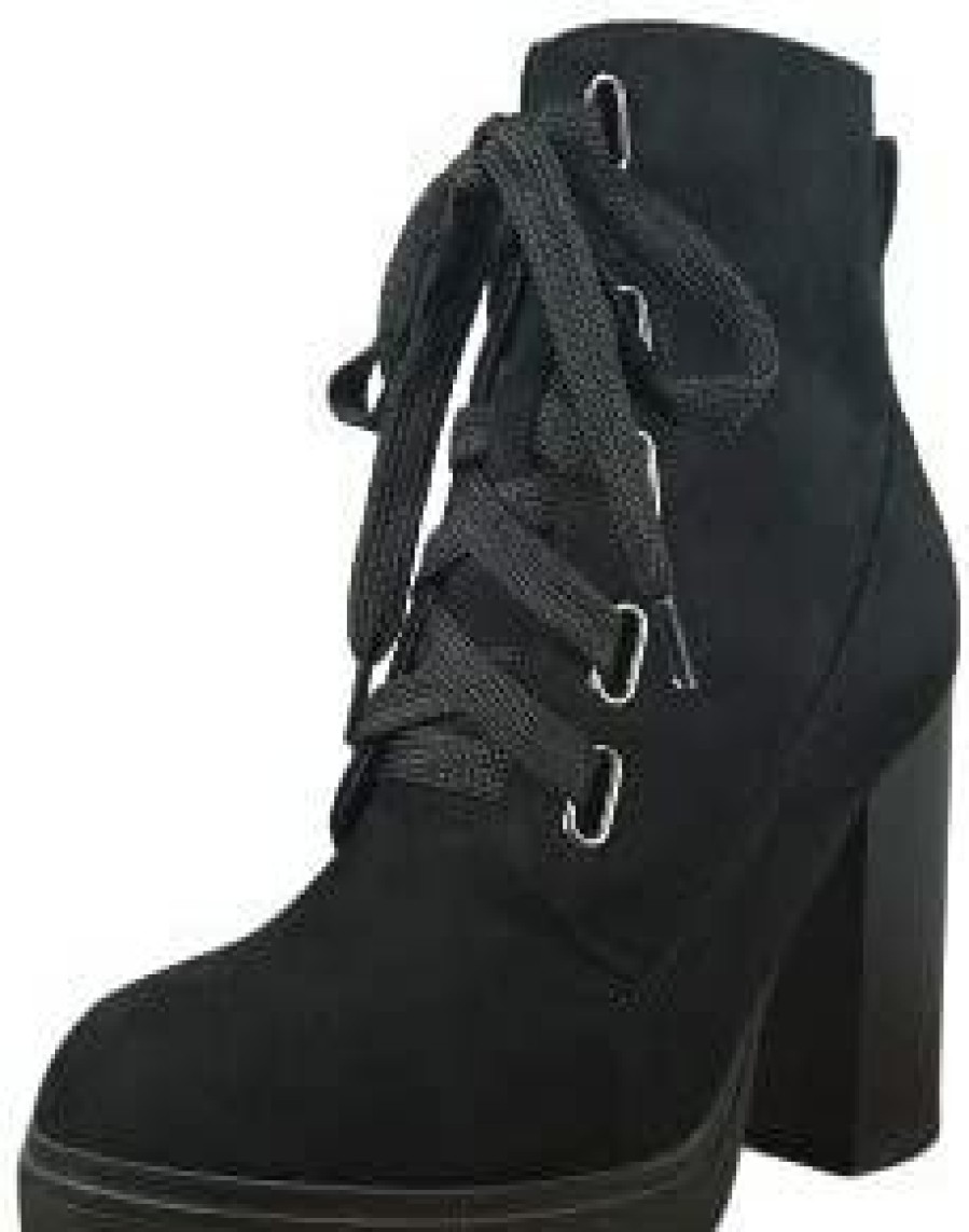 Women * | Soda Timeout Trendyfashion Lug Sole Chunky High Heel Combat Ankle Full Lace Up Boot Black