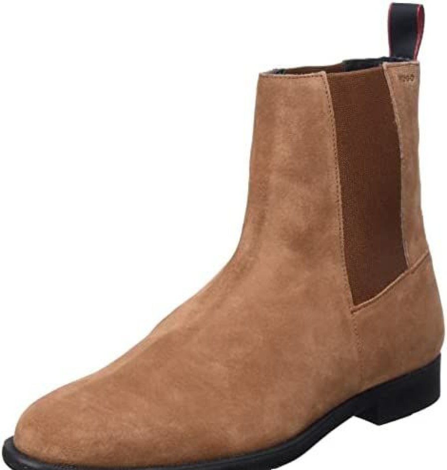 Men * | Hugo Mens Kyron Cheb Suede Chelsea Boots With Rubber Outsole And Logo Detail Size Medium Brown218