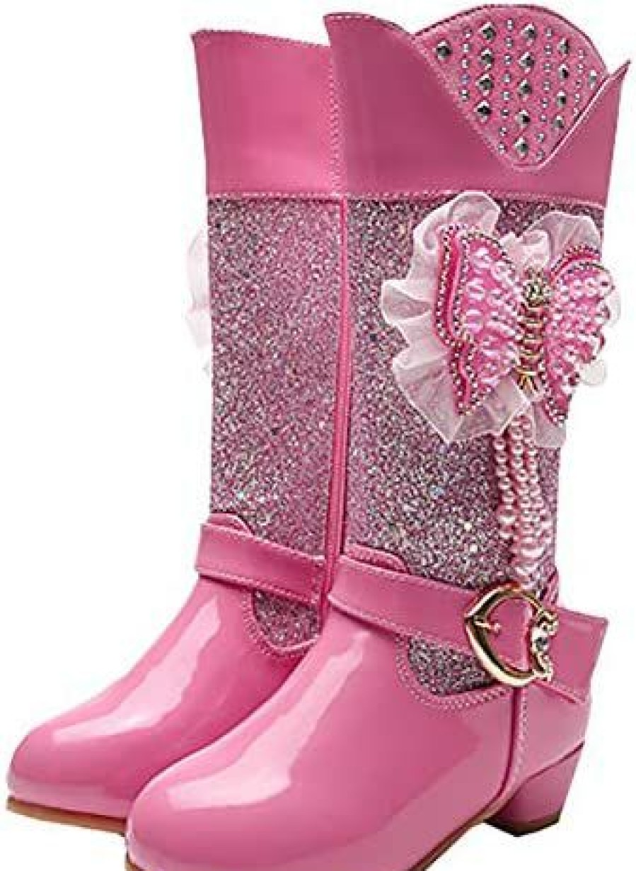 Girl * | Auhoho Girls Low Heels Knee High Princess Boots Winter Sparkle Sqeuin Rhinestone Warm Fur Boots Pink