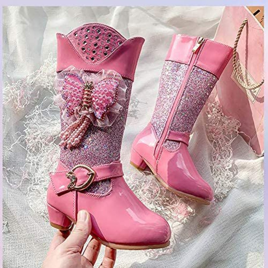 Girl * | Auhoho Girls Low Heels Knee High Princess Boots Winter Sparkle Sqeuin Rhinestone Warm Fur Boots Pink