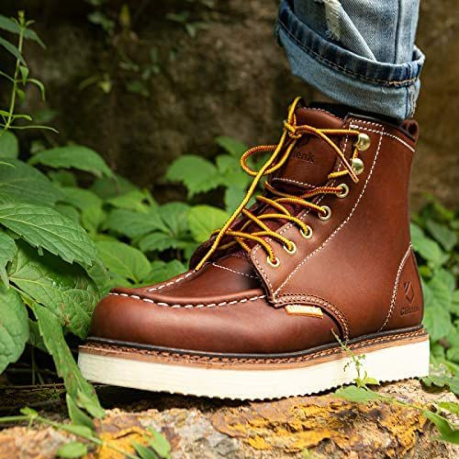 Men * | Moc Toe Work Boots For Men Soft Toe 6" Full Grain Leather Breathable Water Resistant, Non Slip Wedge Comfortable Mens Work Boots Lightweight Wheat