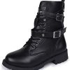 Girl * | Gfhth Chunky Mid Heel Side Zipper Combat Motorcycle Riding Boots,Autumn And Winter Flat Thick Heel Knight Boots Large Size Short Black