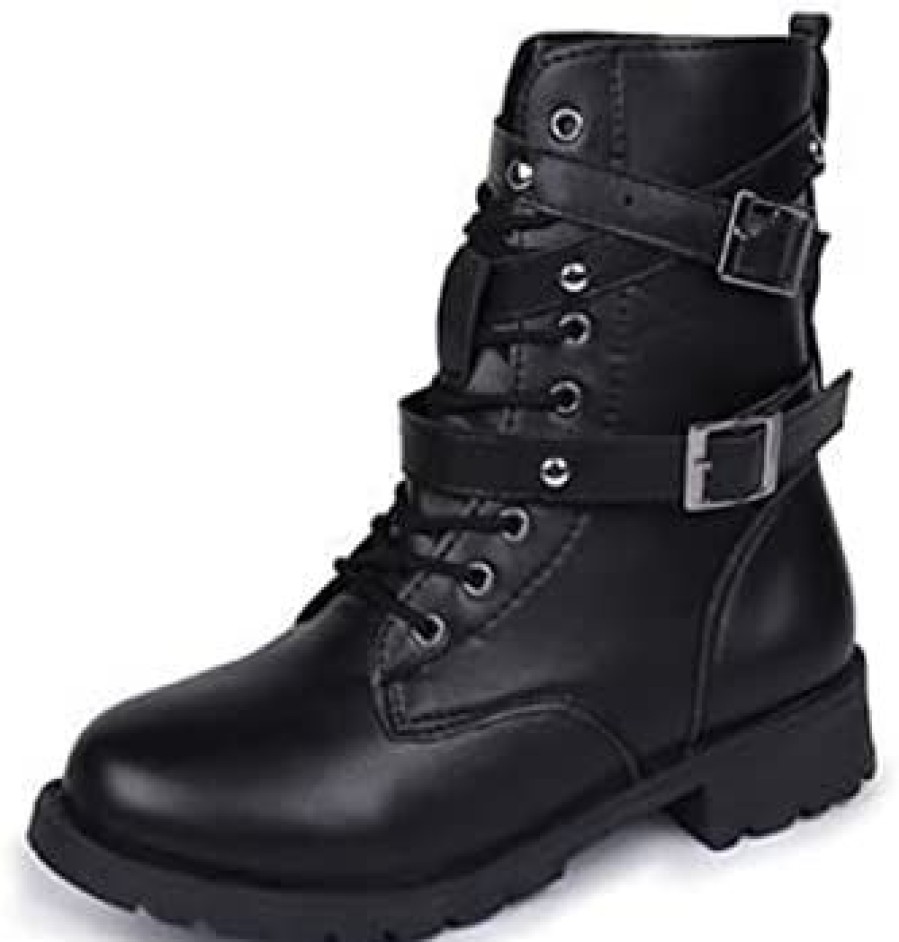 Girl * | Gfhth Chunky Mid Heel Side Zipper Combat Motorcycle Riding Boots,Autumn And Winter Flat Thick Heel Knight Boots Large Size Short Black