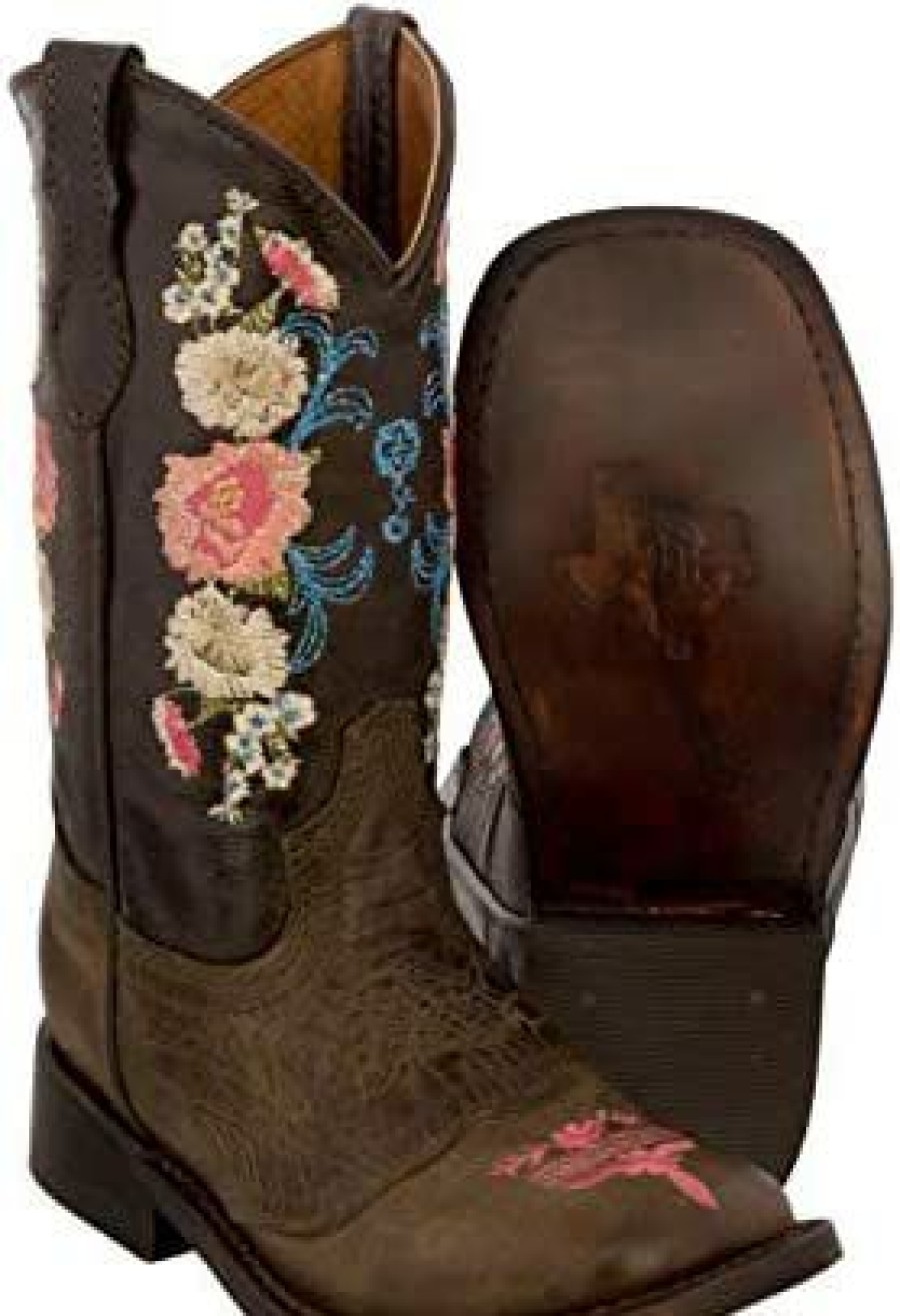 Girl * | Girl'S Toddler Floral Embroidery Cowgirl Boots Square Toe Brown