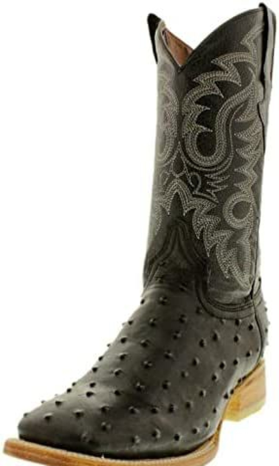 Men * | Mens Western Leather Cowboy Boots Ostrich Quill Print Square Black