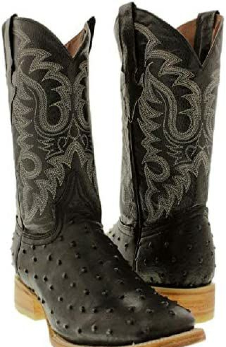 Men * | Mens Western Leather Cowboy Boots Ostrich Quill Print Square Black