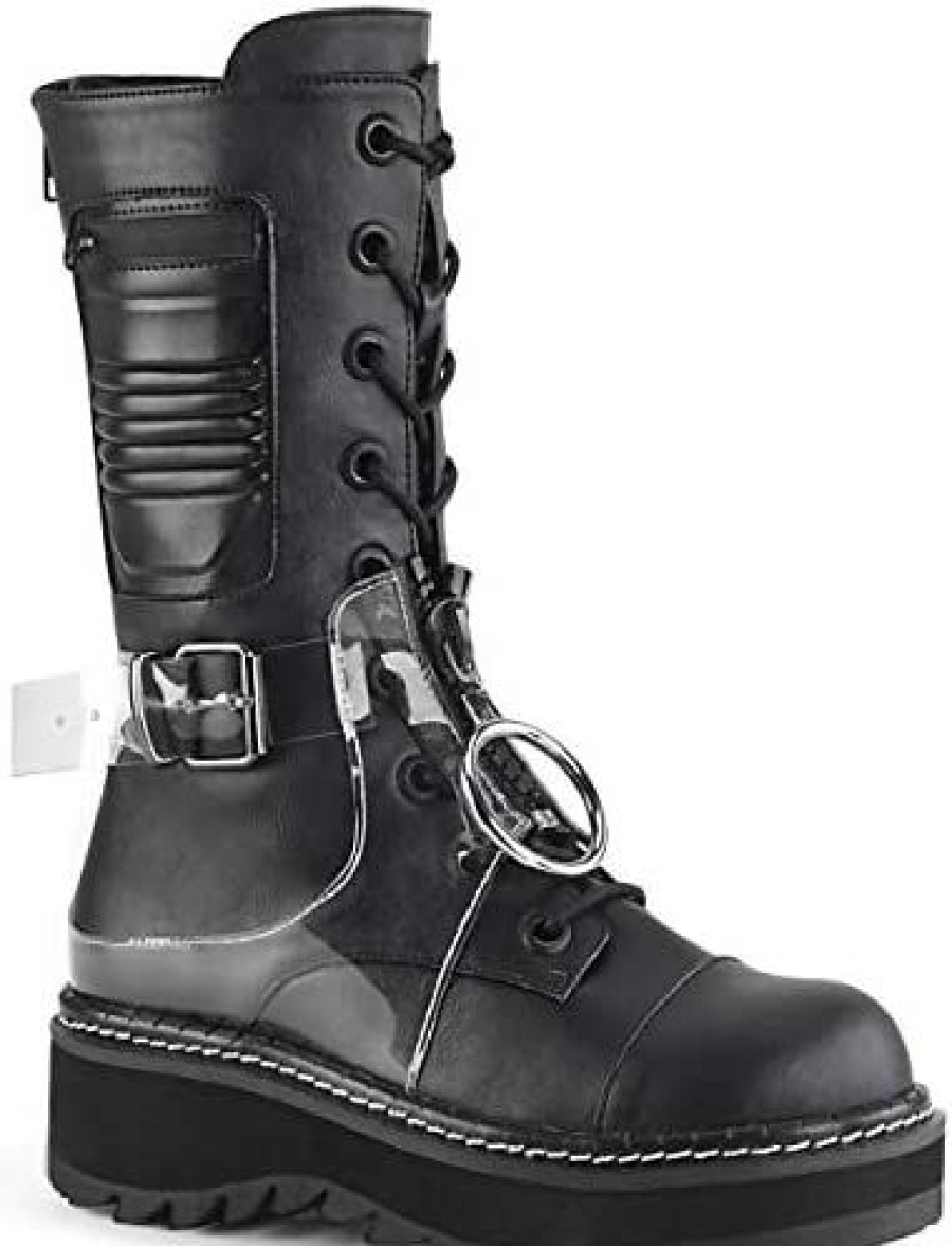 Women * | Demonia Women'S Lilith-271 Platform Mid-Calf Boot Black Blk Vegan Leather-Clear Pvc