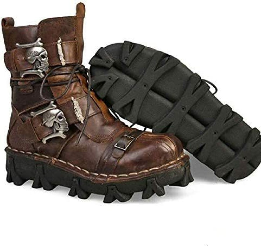 Men * | Mens Genuine Leather Military Army Boots Gothic Skull Punk Motorcycle Brown