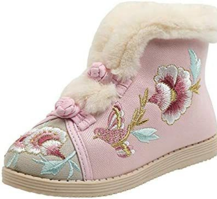 Girl * | Jgkdtx Girls Cotton Winter Warm Embroidery Flat Shoes Fur Lined Button Snow Ankle Boots(Toddler/Little Kid) Pink