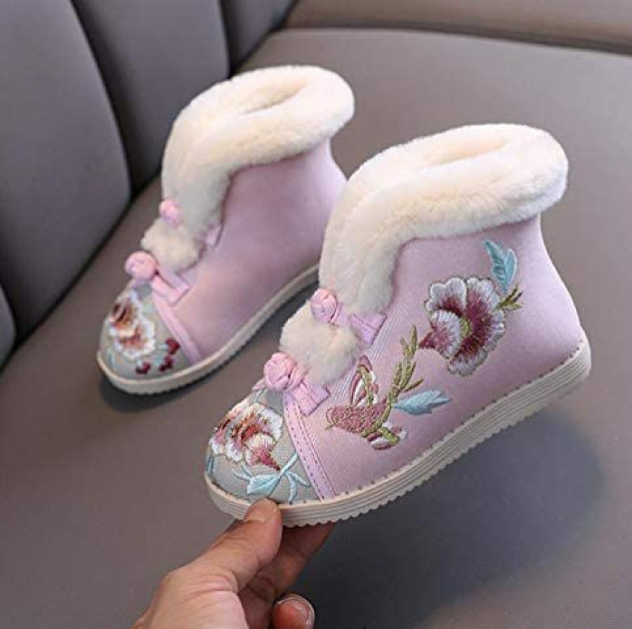 Girl * | Jgkdtx Girls Cotton Winter Warm Embroidery Flat Shoes Fur Lined Button Snow Ankle Boots(Toddler/Little Kid) Pink