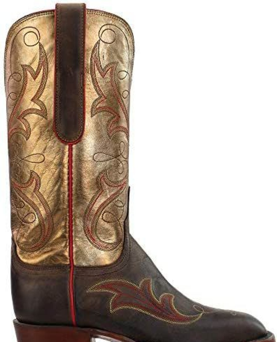 Women * | Lucchese Womens Taryn Metallic Snip Toe Boots Mid Calf Low Heel 1-2 Brown