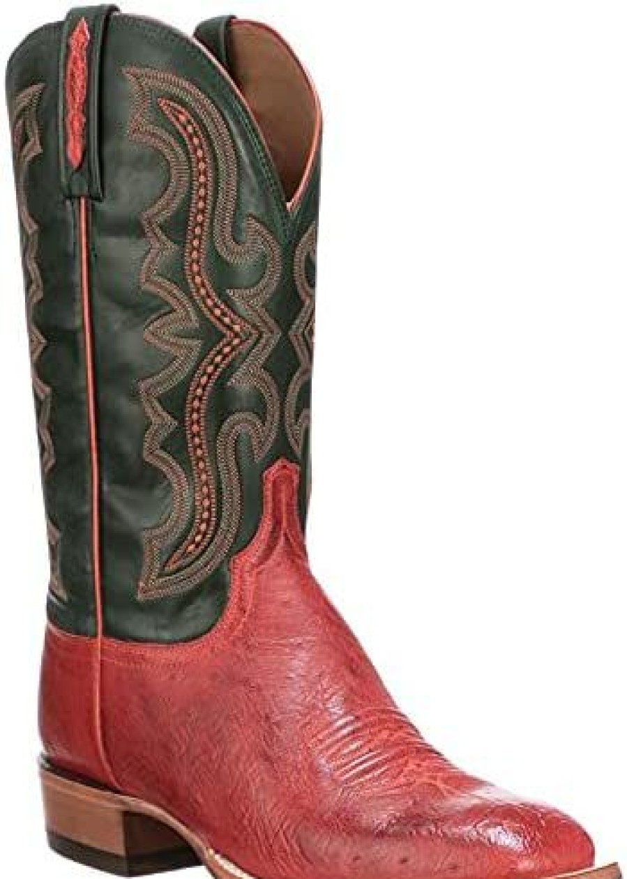 Men * | Lucchese Men'S Cecil Exotic Ostrich Skin Western Boot Broad Square Toe Cl1095.W8 Red