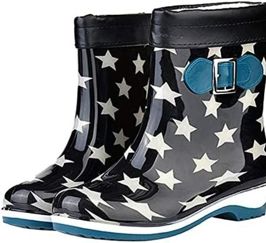 Men * | Nianxinn Women'S Non-Slip Round Toe Water Shoes Waterproof Middle Tube Rain Boot Leisure Rain Shoes Rain Boots (Color : Stars, Size : 36 Eu) Black