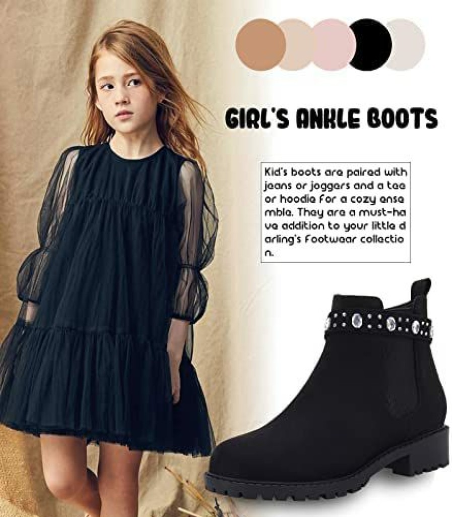 Girl * | Rilista Girl'S Lug Sole Ankle Boots Platform Chunky Heel Round Toe Non-Slip Chelsea Booties Black