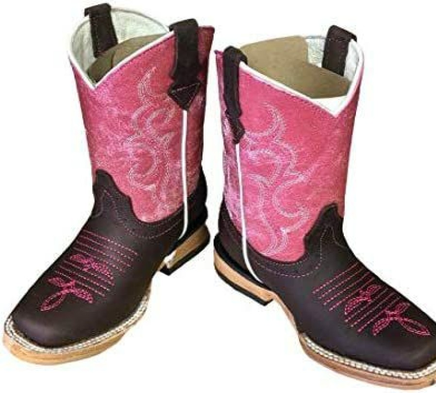 Girl * | Kids Genuine Leather Western Rodeo Pull Up Square Toe Boots Moca/Pink