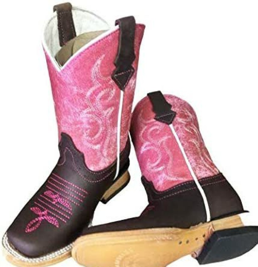 Girl * | Kids Genuine Leather Western Rodeo Pull Up Square Toe Boots Moca/Pink