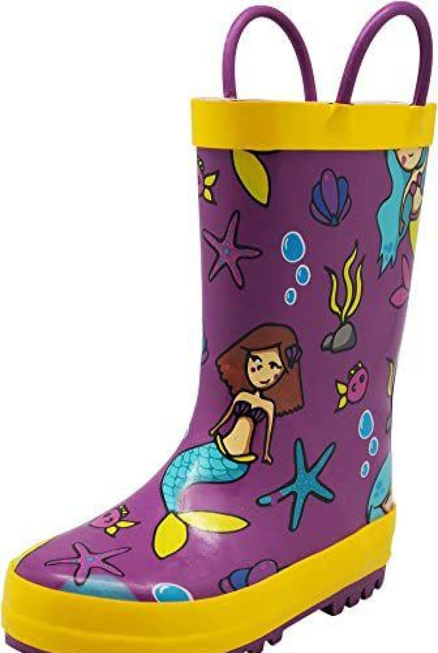 Girl * | Norty Girls Rain Boots Waterproof & Durable Big Kid Rain Boots With Easy-On Handles Non-Slip Rainboots For Big Kids Mermaid Purple Yellow Size 4