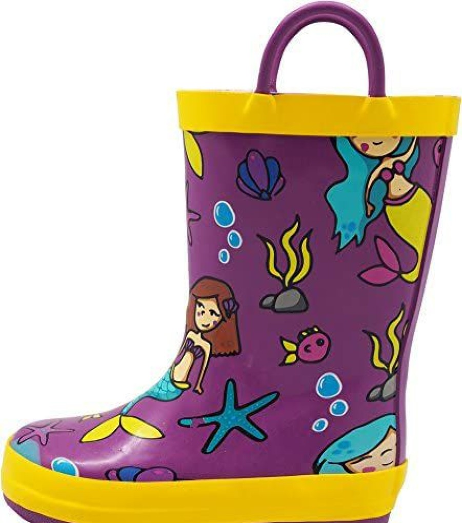 Girl * | Norty Girls Rain Boots Waterproof & Durable Big Kid Rain Boots With Easy-On Handles Non-Slip Rainboots For Big Kids Mermaid Purple Yellow Size 4