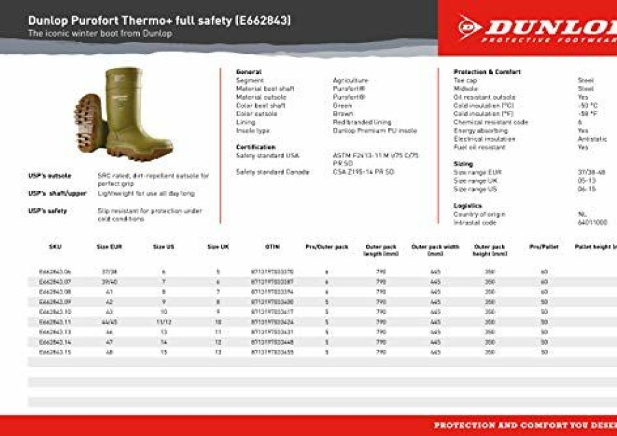 Men * | Dunlop E66284315 Purofort Thermo+ Full Safety Omega/Eh Cold Protection Boot, Premium Insole, -58 F Cold Insulation, Steel Toe Cap, Green/Brown, Men Size 15/Women Size 17