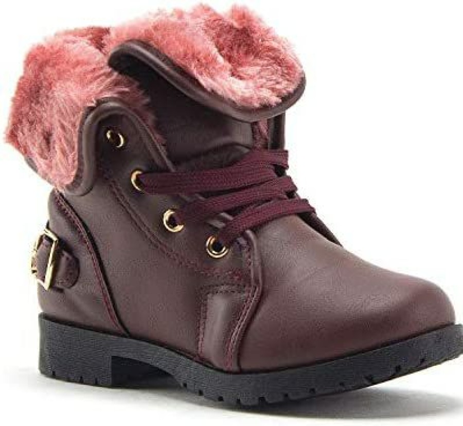 Girl * | Little Girls Faux Fur Lined Military Style Combat Ankle High Chukka Boots Wine