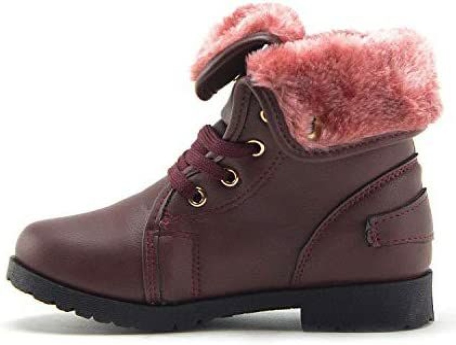 Girl * | Little Girls Faux Fur Lined Military Style Combat Ankle High Chukka Boots Wine