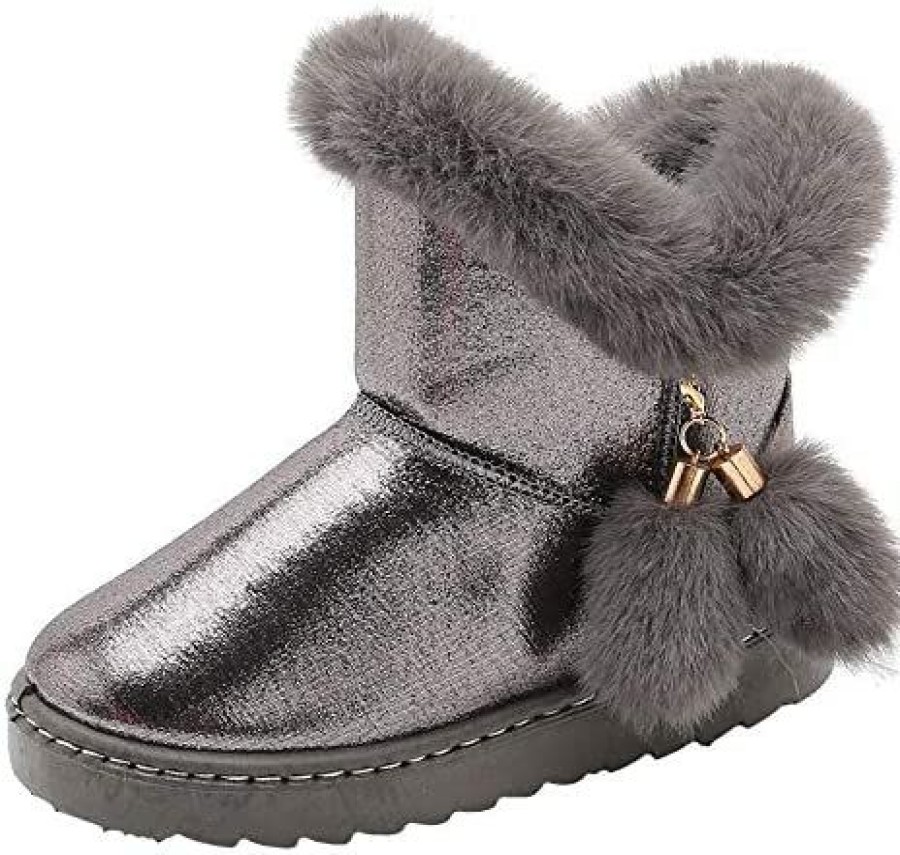 Girl * | Lnafan Girls' Outdoor Sweet Pom Pom Warm Winter Faux Fur Lined Snow Boots(Toddler/Little Girl/Big Girl) Gun Silver