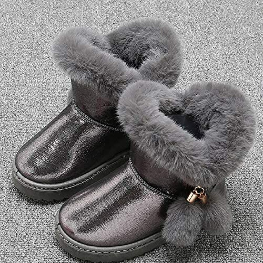 Girl * | Lnafan Girls' Outdoor Sweet Pom Pom Warm Winter Faux Fur Lined Snow Boots(Toddler/Little Girl/Big Girl) Gun Silver