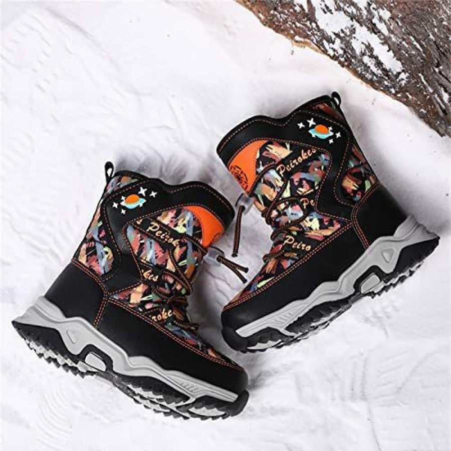 Girl * | Sanearde Boys Girls Snow Boots Winter Waterproof Booties Slip Resistant Outdoor Cold Weather Faux Fur Lined Hiking Shoes(Toddler/Little Kids/Big Kids) A Black And Orange