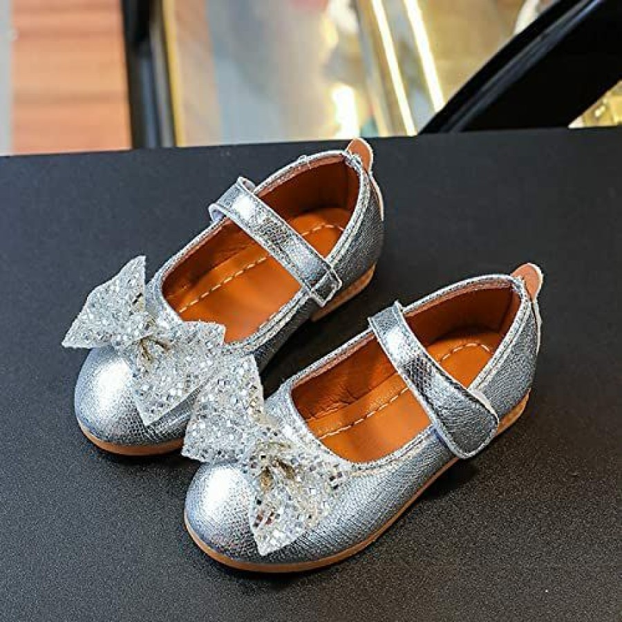 Girl * | Mifyiar Fashion Autumn Girls Casual Shoes Flat Light Solid Color Sequin Bow Cute Shiny Dress Shoes Toddler Boots Girl Silver